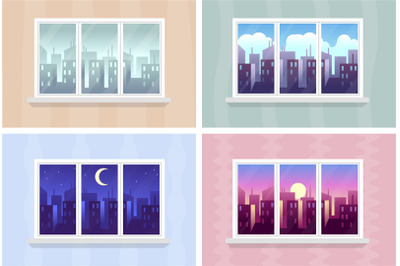 Window views. Morning, day and night cityscape, city buildings through