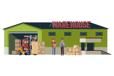 Warehouse flat building. Logistic transportation pitman forklift loade