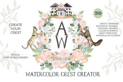 Watercolor Crest Creator. Wedding Clipart