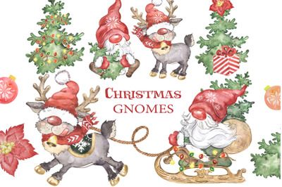 Gnomes watercolor clipart. Scandinavian gnomes deer Christmas New Year