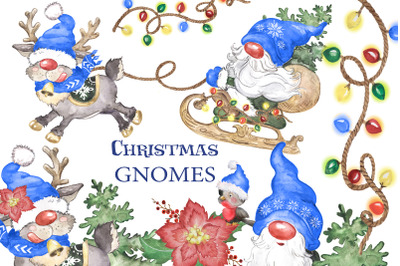 Christmas gnomes watercolor clipart, scandinavian gnomes, deer