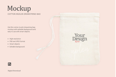 Cotton Muslin Drawstring Bag Mockup