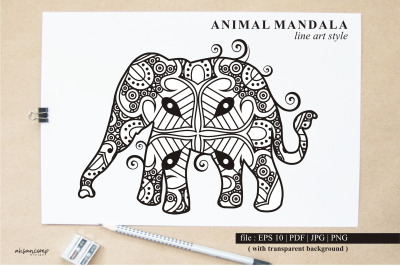 Elephant Mandala Vector Line Art Style