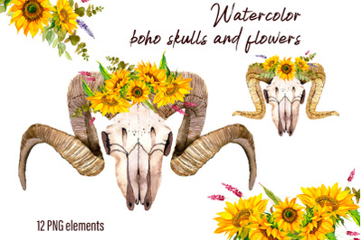 Watercolor clipart boho skull and flower