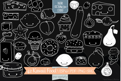 A-Z Food Kawaii | White Hand Drawn Fruit, Vegetable, Sweets, Savory