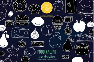 A-Z Food Kawaii | White Hand Drawn Fruit, Vegetable, Sweets, Savory