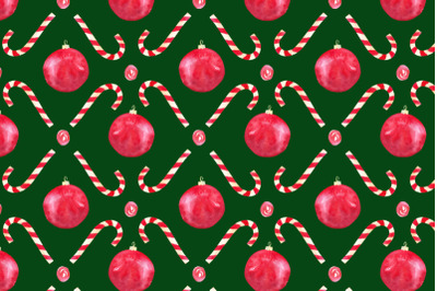 christmas seamless pattern watercolor candy cane balls sweets