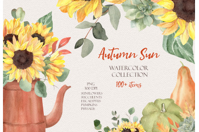 Autumn Sun Watercolor Collection. Sunflowers, Pumpkins, Fall Leaves