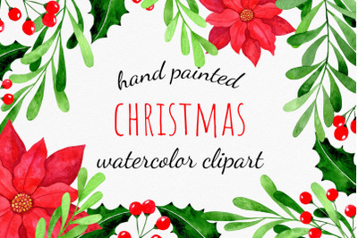 Christmas elements clipart for card DIY. Watercolor holly, mistletoe,