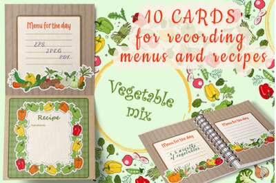 Set of cards with drawings of vegetables for recipes