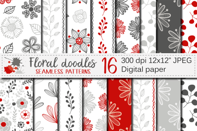 Red and Gray Floral Digital Paper / Valentines Day patterns