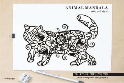 Cat Mandala Vector Line Art Style