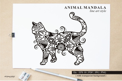 Cat Mandala Vector Line Art Style