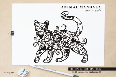 Cat Mandala Vector Line Art Style