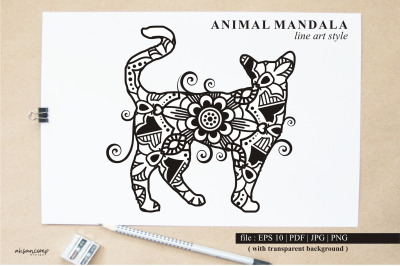 Cat Mandala Vector Line Art Style