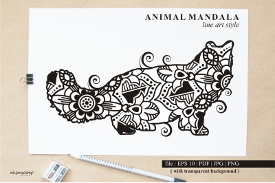 Cat Mandala Vector Line Art Style