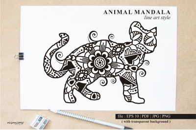 Cat Mandala Vector Line Art Style