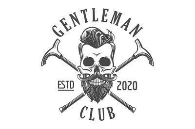 Skull with Beard Gentleman Club Emblem in Tattoo Style