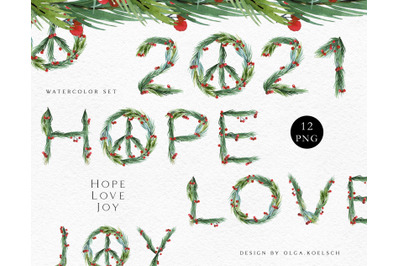 Watercolor new year symbol clipart Hippie peace sign png New year card