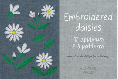 Set of chamomile flower elements with embroidery stylization.