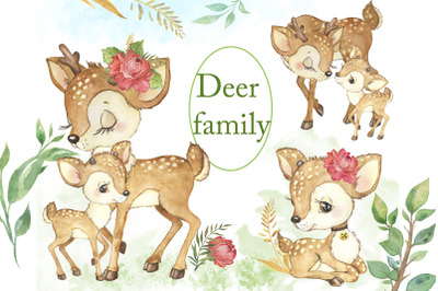 Baby deer watercolor clipart. Mom, baby. Forest animals, deer family
