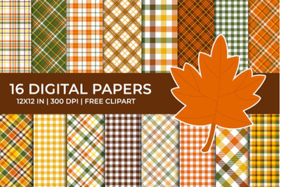 Autumn Plaid Digital Papers Set, Free Fall Leaf Clipart