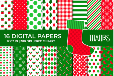 Christmas Digital Papers Set, Free Xmas Sock Clipart