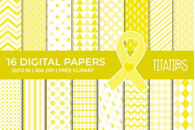 Childhood Cancer Awareness Digital Papers, Yellow Ribbon Patterns