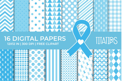 Cancer Awareness Digital Papers, Blue Ribbon Patterns