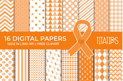 Cancer Awareness Digital Papers, Orange Ribbon Patterns
