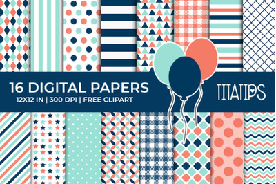 Coral and Blue Navy Digital Papers Set, Free Balloons clipart