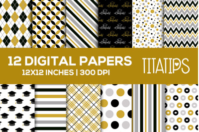 Graduation Cap Digital Papers Set. Gold, Silver and Black Patterns