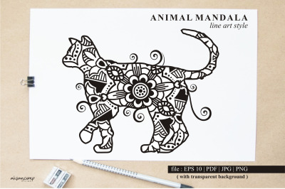 Cat Mandala Vector Line Art Style