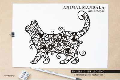 Cat Mandala Vector Line Art Style