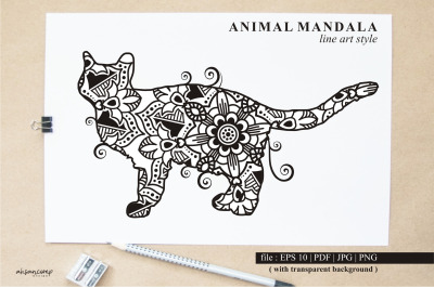 Cat Mandala Vector Line Art Style