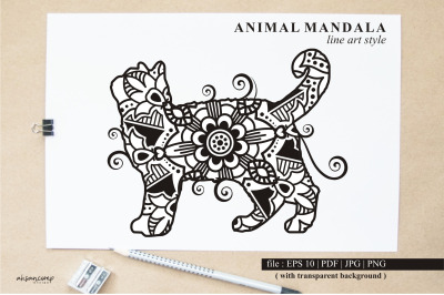 Cat Mandala Vector Line Art Style