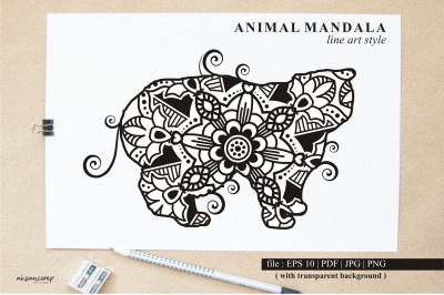 Cat Mandala Vector Line Art Style