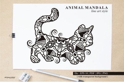 Cat Mandala Vector Line Art Style