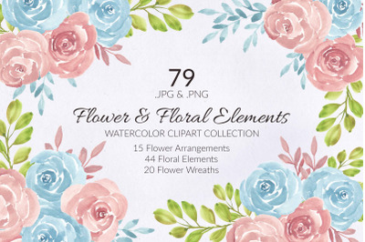 79 Flower and Floral Watercolor Illustration Clip Art