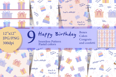 Happy Birthday Seamless Pattern Boxes and Cakes