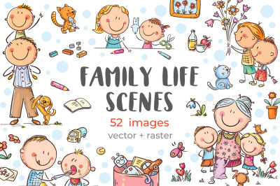 Cartoon clipart bundle. Doodle family life scenes