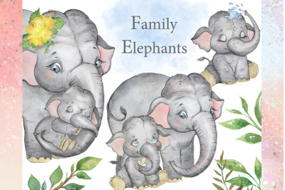 Elephants watercolor clipart. Baby elephant, elephant family. Africa