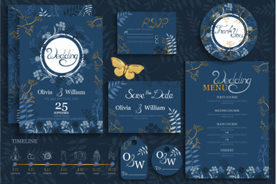 Blue&amp;amp;amp;Gold Wedding cards template. Vector