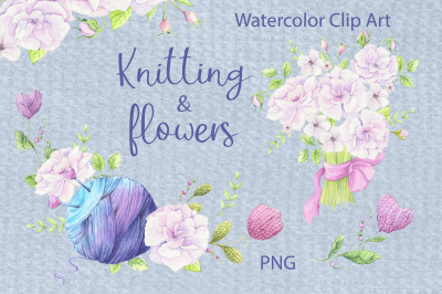 Watercolor clipart delicate pink flowers with knitted handmade element