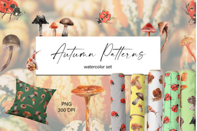 Autumn Cute Watercolor Patterns Set. Digital Papers. PNG