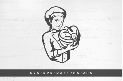 Baker girl holding a basket of bread. Vector illustration. SVG, PNG, D