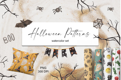 Halloween Cute Watercolor Patterns Set. Digital Papers. PNG