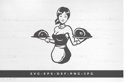 Girl waiter holding two trays of food. Vector illustration. SVG, PNG,