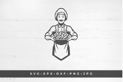A mustachioed man chef holding a dish with sausages in his hands. Vect