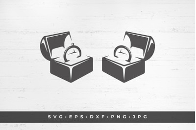 Two jewelry boxes with two wedding rings. Vector illustration. SVG, PN